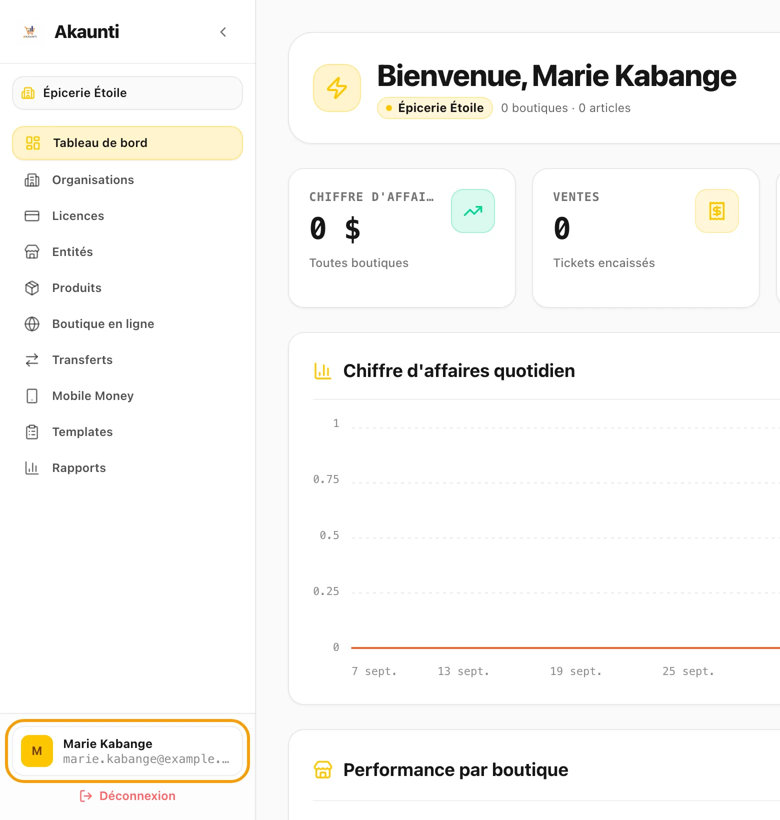 Tableau de bord Akaunti : votre nom, en bas du menu à gauche, est entouré.