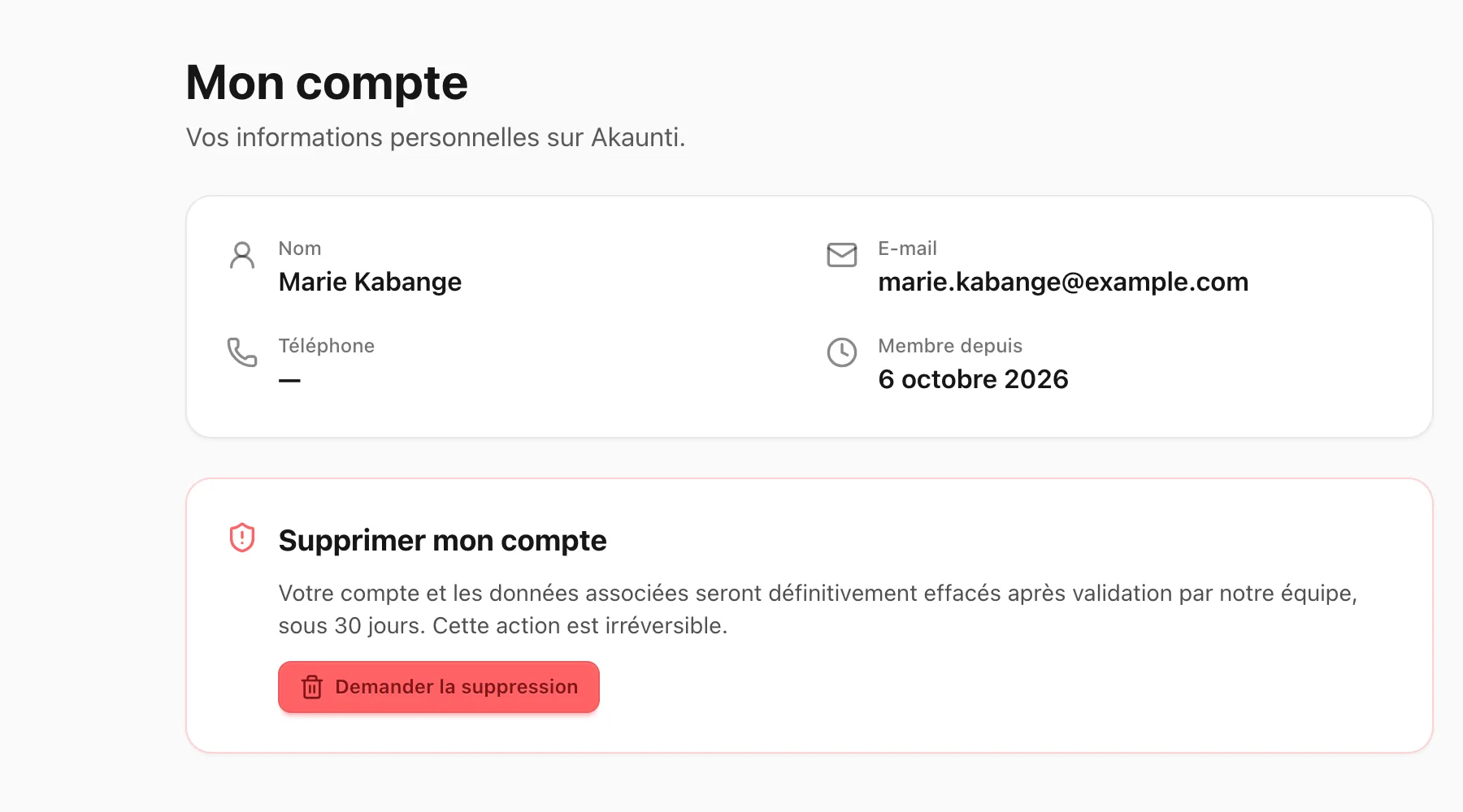 Page Mon compte avec vos informations et le cadre Supprimer mon compte.