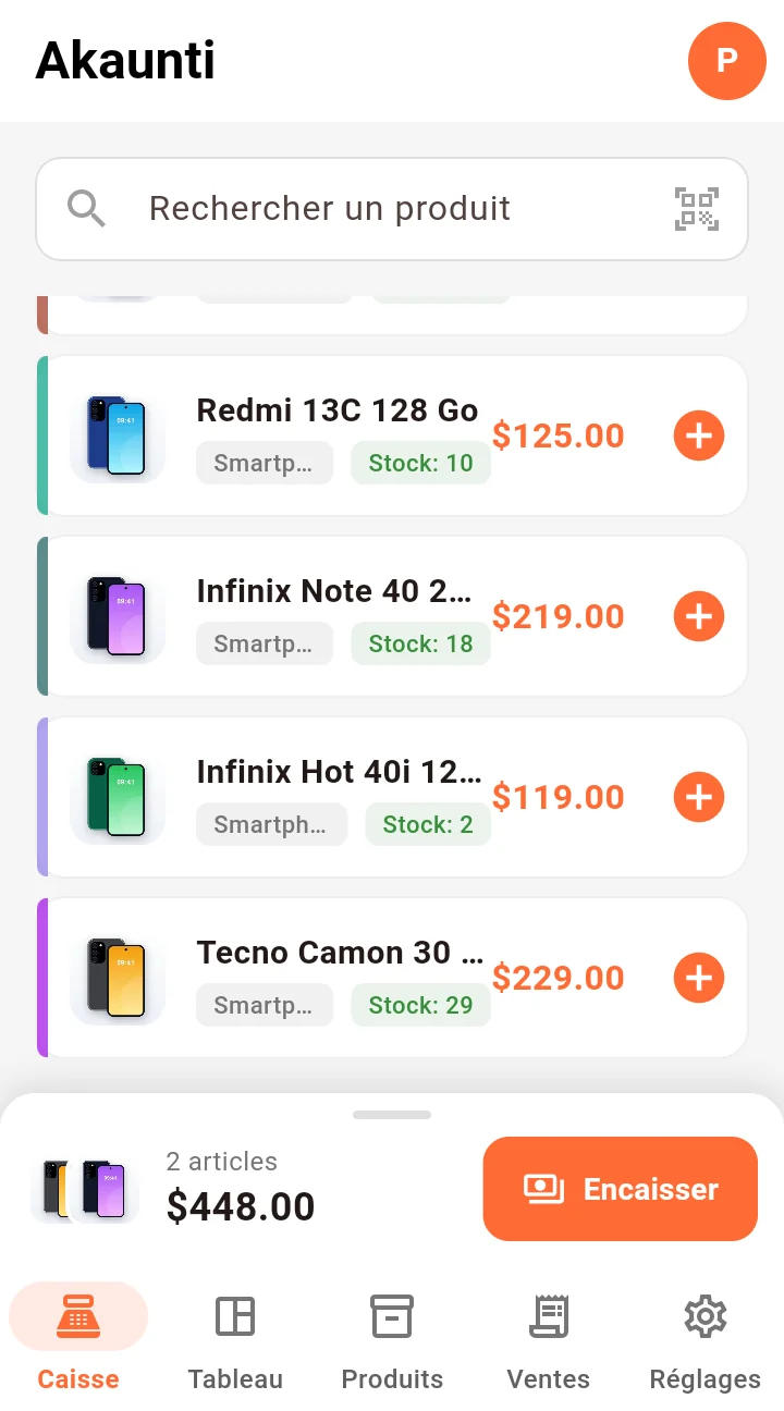 Akaunti Android app: checkout screen with two smartphones in the cart