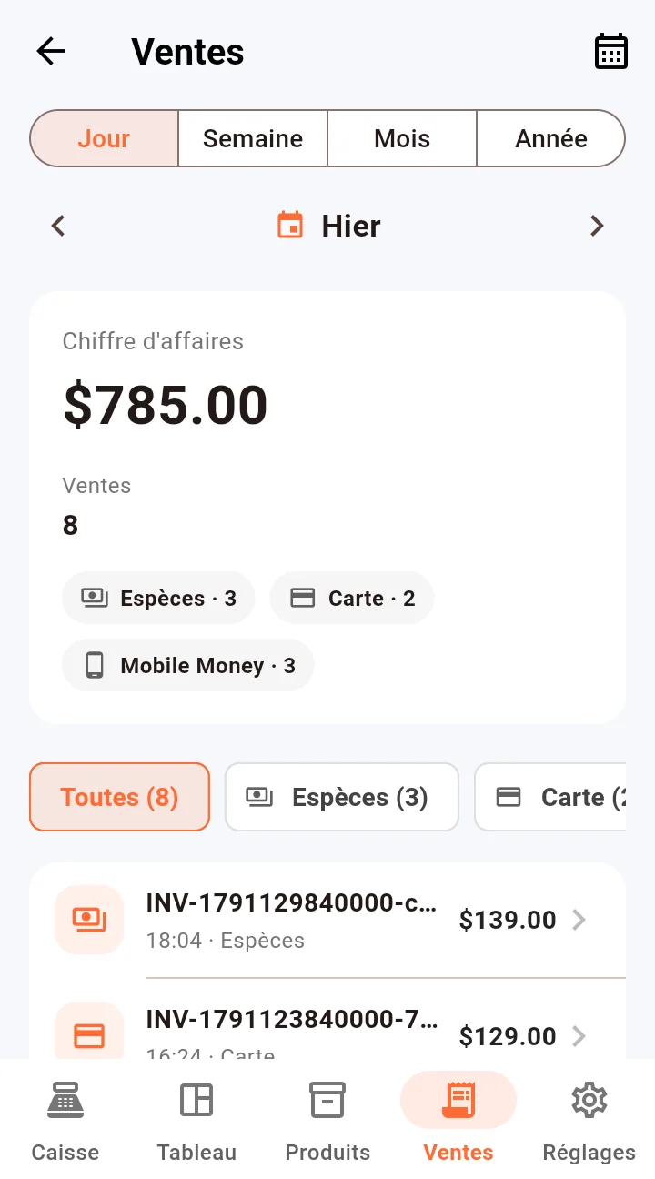 Akaunti app: yesterday's sales by payment method